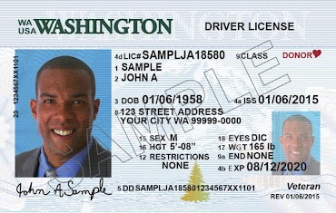 [Image is a sample WA state driver's license. The dark skinned person in the photo has short black hair and is wearing a suit and tie.]