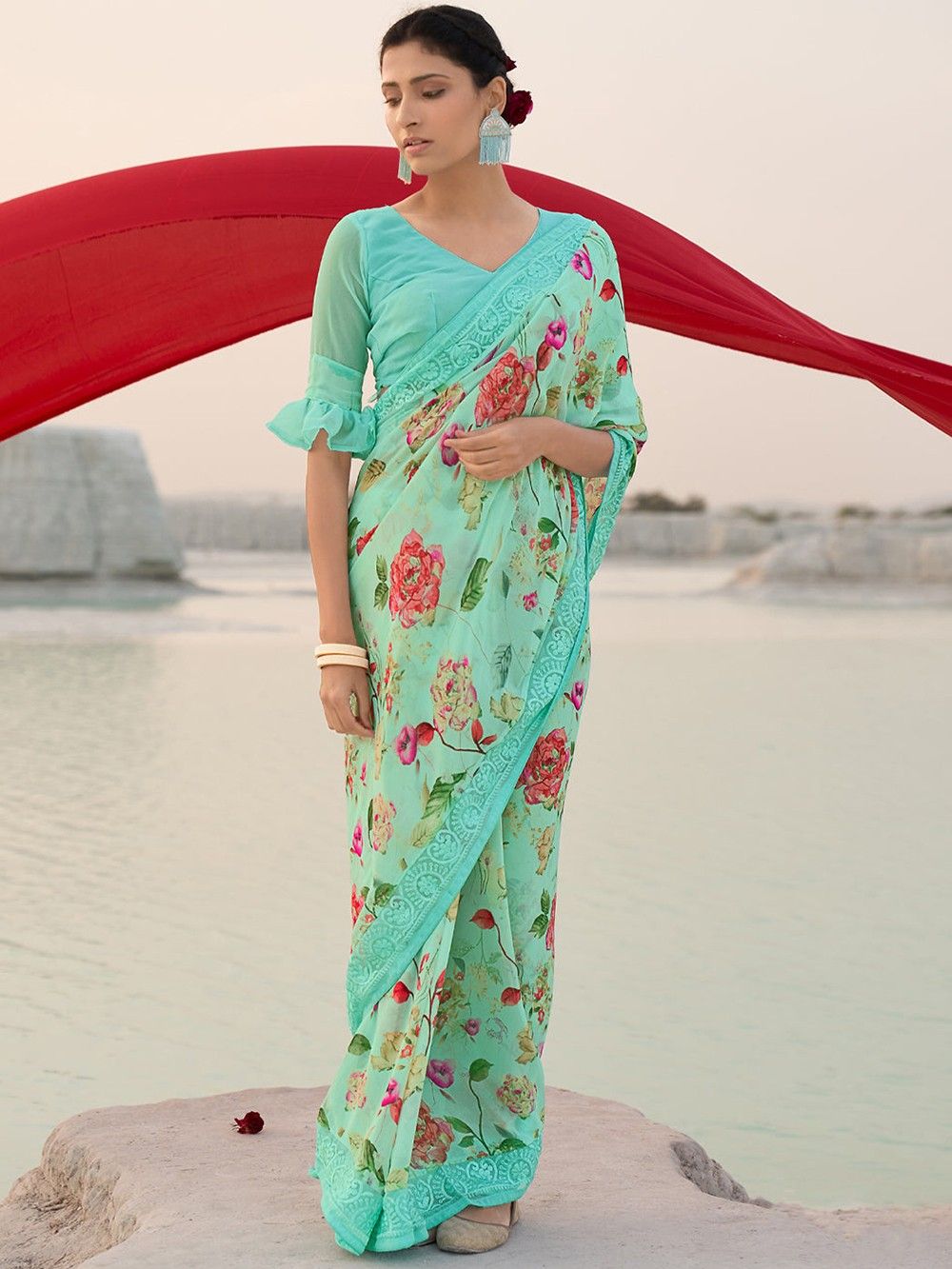 the loom - Sky Blue Printed Chiffon Saree