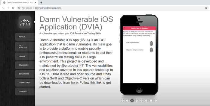 Screenshot of the DVIA vulnerable web app website