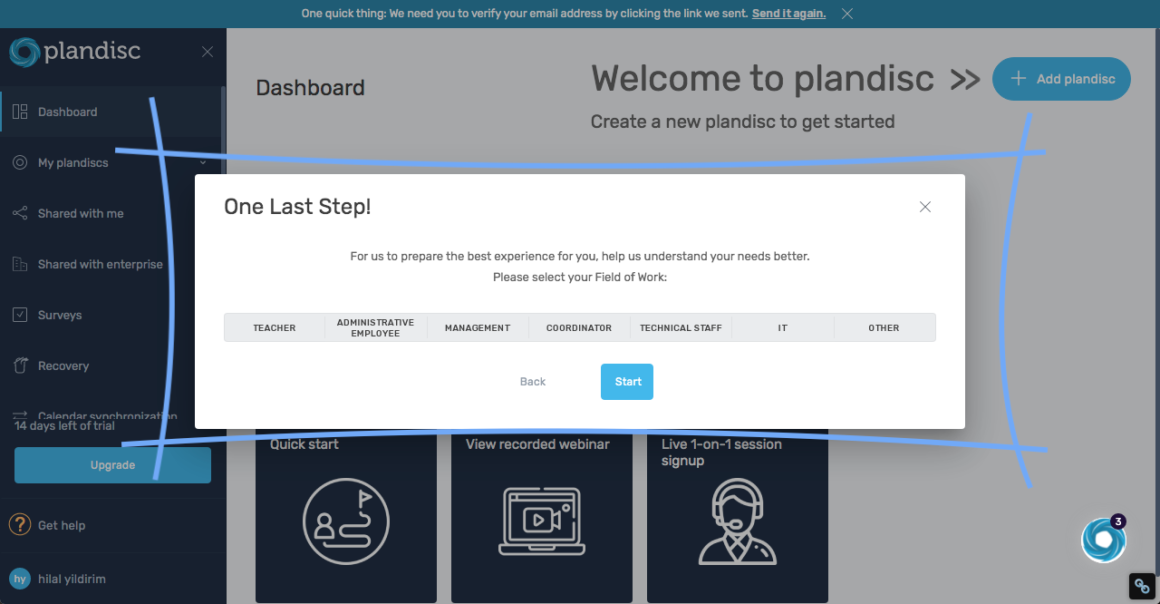 First step of Plandisc's product tour