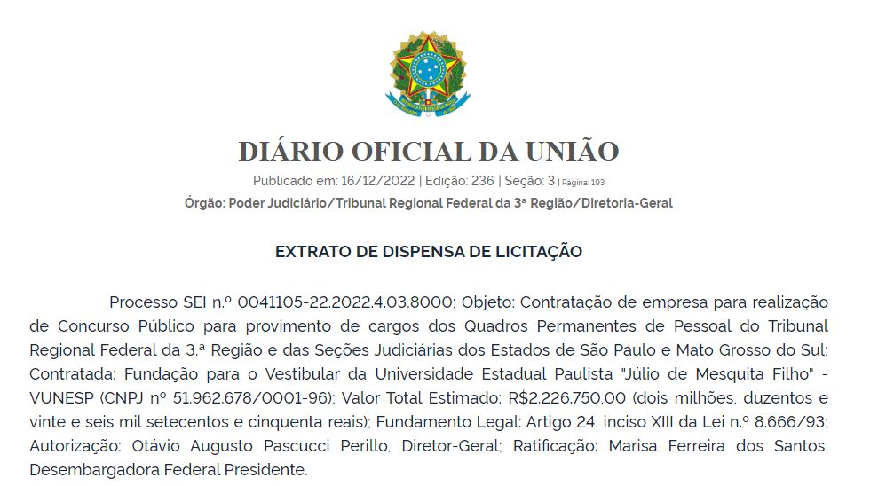 Concurso TRF3: Vunesp escolhida!