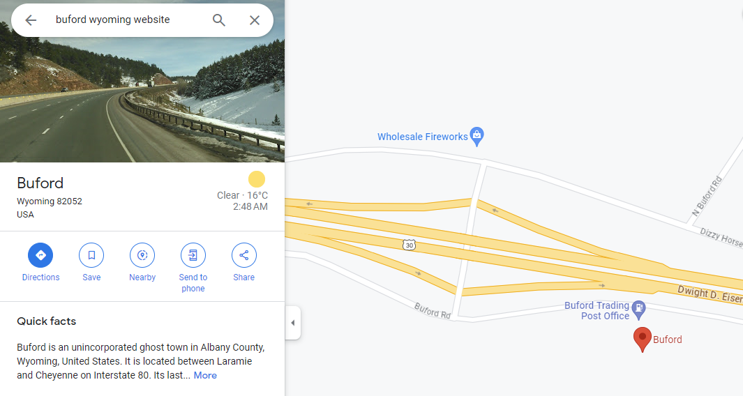 screenshot of Buford, Wyoming on Google Maps