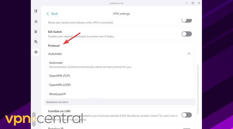 Surfshark protocol options