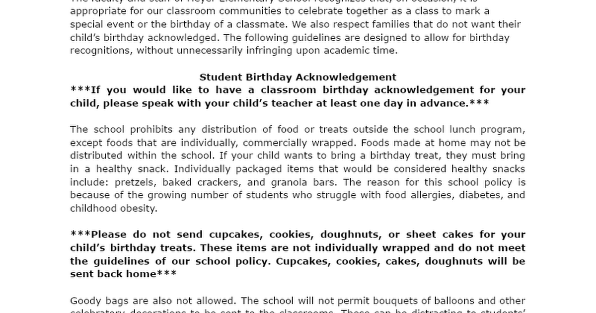 Heyer Elementary School Birthday Celebration Guidelines 2021-22