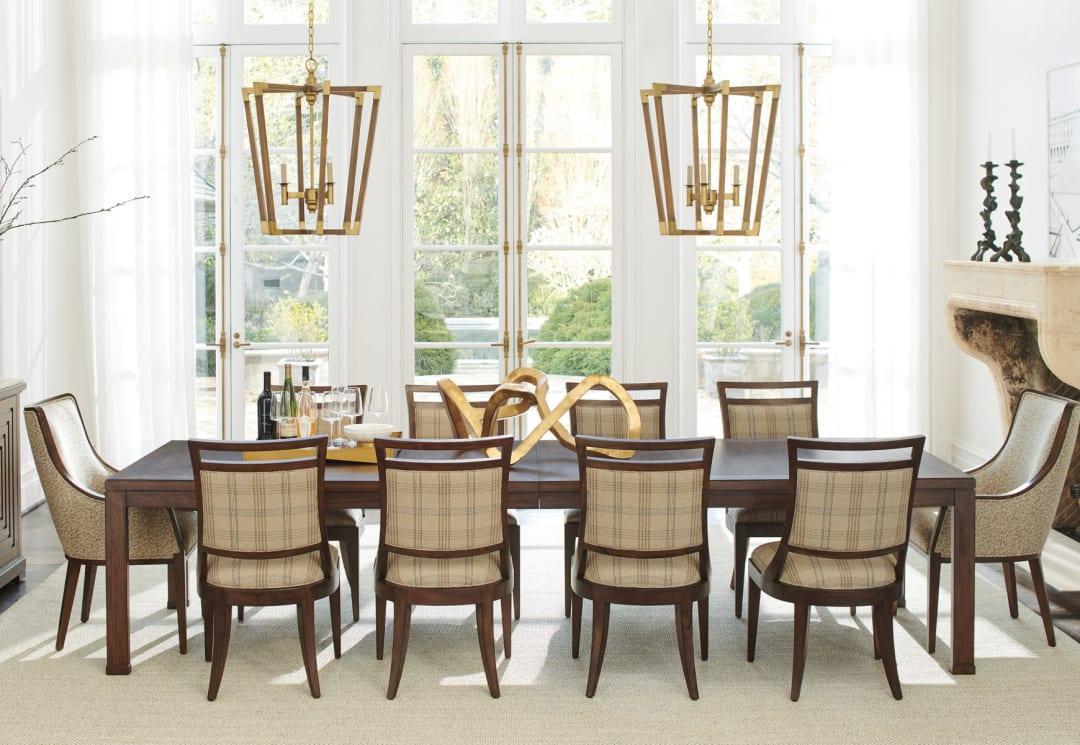 Large Wood Dining Table with Patterned Dining Chairs