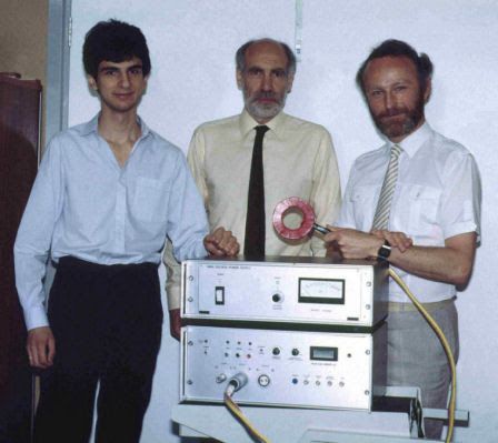 The Sheffield group with the stimulator that first achieved transcranial magnetic stimulation, February 1985. From left to right: Reza Jalinous, Ian Freeston and Tony Barker.