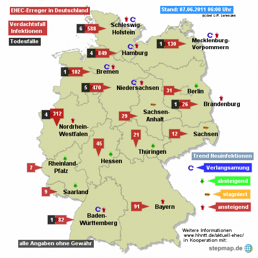 Landkartenblog: Aktuelle Übersichtskarte zur EHEC Verbreitung in