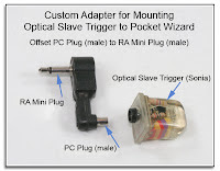 CP1048: Custom Adapter Mounting Optical Slave Trigger to PW - Closup View (Offset PC Plug to RA Mini Plug