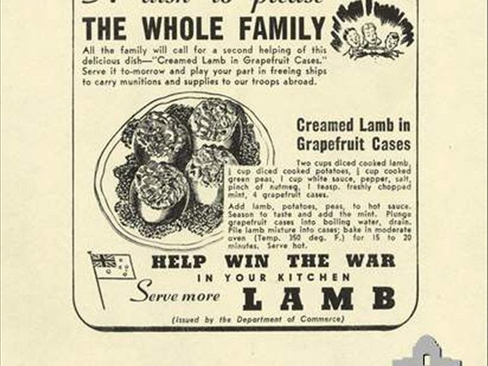 A recipe issued by the Department of Commerce as part of the 'Help Win the War in your Kitchen' campaign. It encourages the use of more lamb in cooking to free up transport ships 'to carry munitions and supplies to our troops abroad'.<br />    <br />   