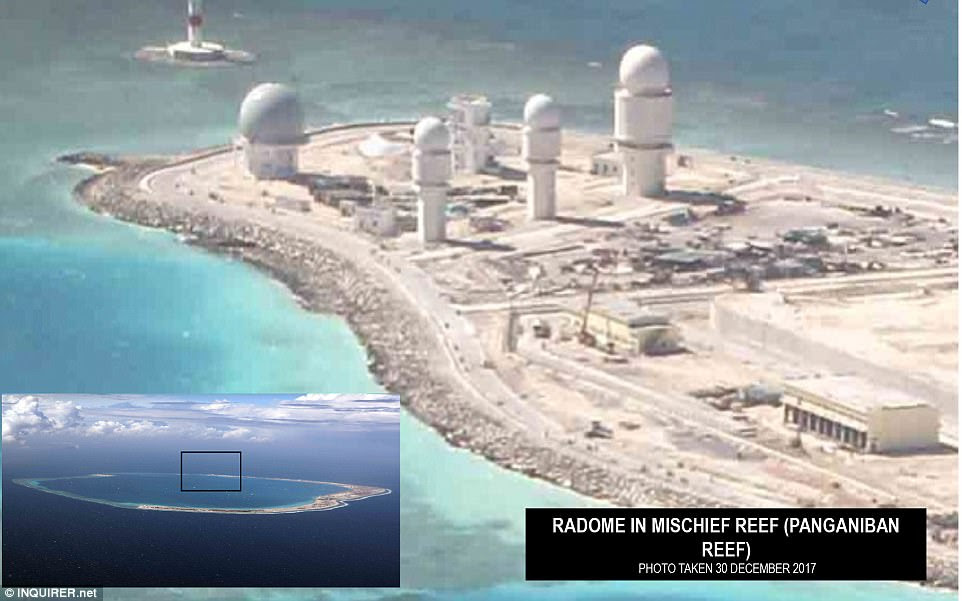 Beijing claims nearly all of the waterway and has been turning reefs and islets into islands and installing military facilities such as runways and equipment on them, such as this radome on Panganiban Reef