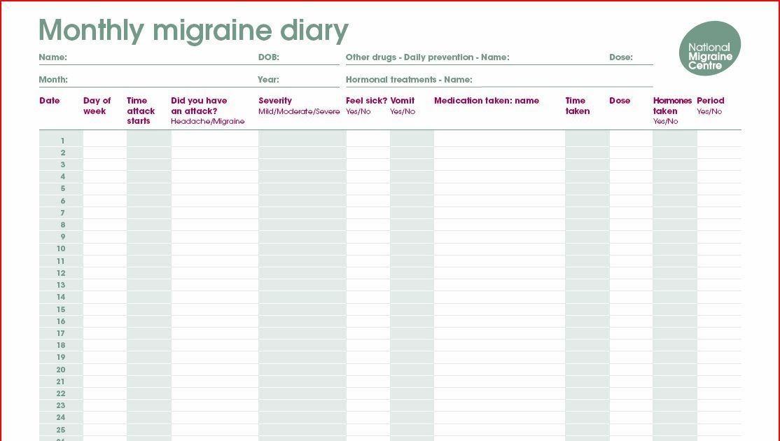 Migraine Calendar Template PDF Template