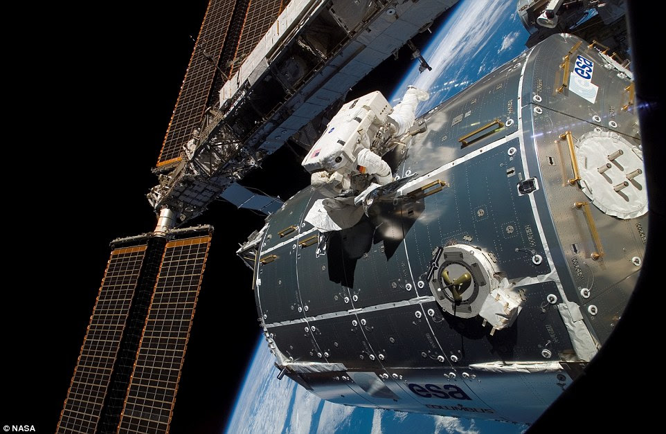 The Columbus module (exterior shown) has about 2,650 cubic feet (75 cubic metres) of space and also has a lot of research equipment inside it, which can be explored in the panorama The Columbus module (exterior shown) has about 2,650 cubic feet (75 cubic metres) of space and also has a lot of research equipment inside it, which can be explored in the panorama