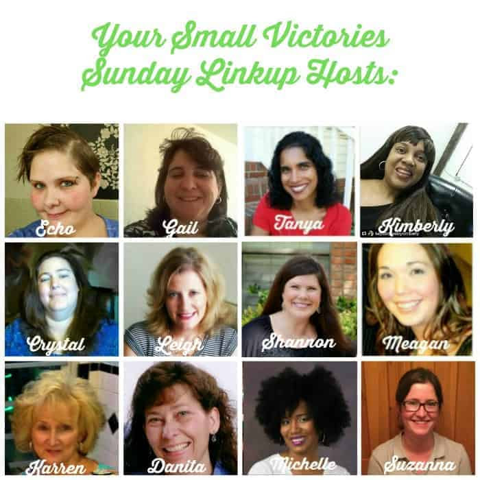 Your Small Victories Sunday Linkup Hosts: Mom's Small Victories, Sunshine and Sippy Cups, The Mad Mommy, Frugal & Coupon Crazy, Keystrokes by Kimberly, Tidbits of Experience, Hines-Sight Blog, Daily Momtivity, Oh My Heartsie Girl, O Taste and See, and One Hoolie Mama