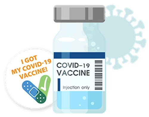Illustration of COVID-19 vaccine bottle with sticker with text I got my COVID-19 vaccine!