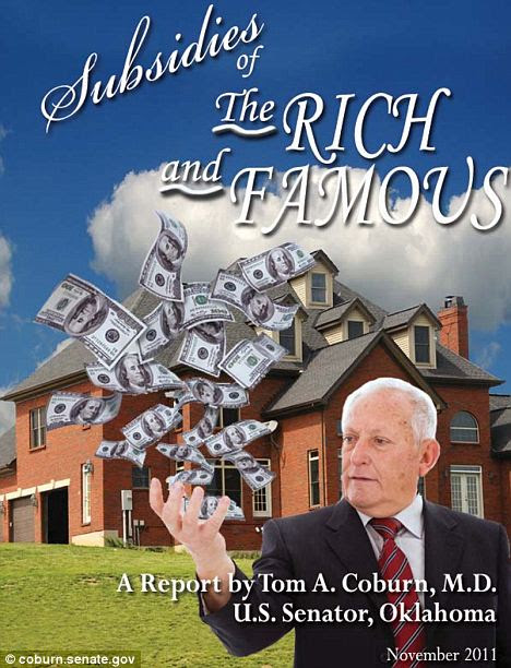 Stirring up controversy: Senator Tom Coburn released his report today, detailing how people who earn over $1m annually are still receiving government subsidies