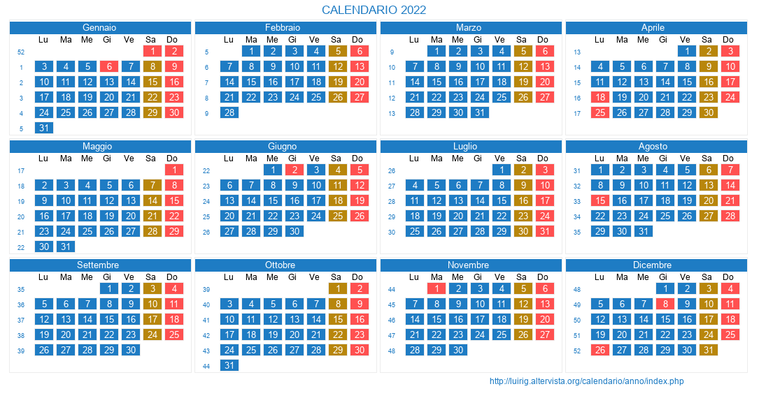 Calendario 2022 Con Festività In Rosso Calendario Lunare