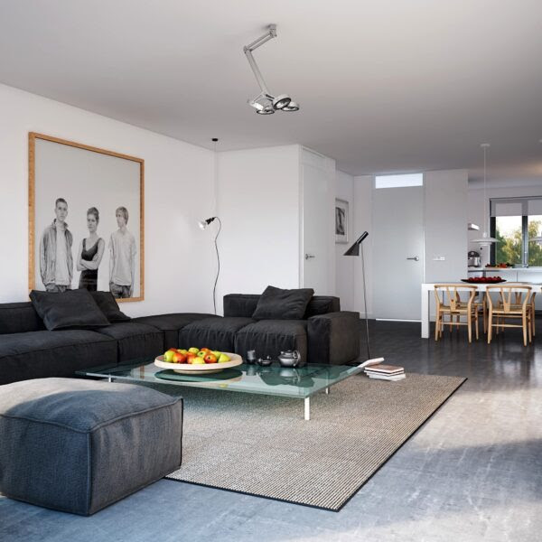 Triple D- Neutral Stone Apartment with Natural Accessories living open plan kitchen dining