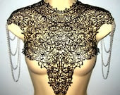 Steampunk lace black bib detachable collar necklace with silver chain epaulets epaulettes Body Tattoo Burning Man featured on VOGUE.IT - WhiteLotusCouture