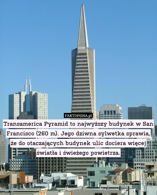 Transamerica Pyramid to najwyższy – Transamerica Pyramid to najwyższy budynek w San Francisco (260 m). Jego dziwna sylwetka sprawia, że do otaczających budynek ulic dociera więcej światła i świeżego powietrza. 