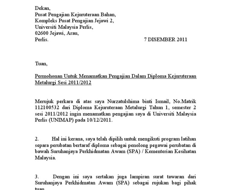Surat Permohonan Berhenti Kolej Vokasional - Malacca t