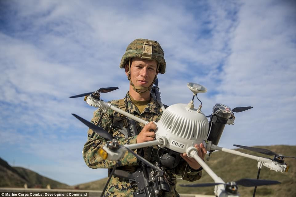 Marine Cpl. Dmitry Kavaliou shows off a tethered Persistent Area Reconnaissance and Communication platform (PARC)