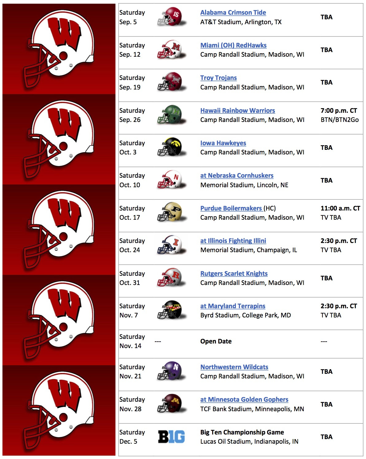 Badger Football Schedule Printable