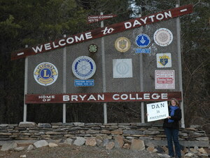 Proverbs 31:23 says that a virtuous woman's husband is "respected at the city gate," so Evans made a poster that said "Dan is Awesome" and stood in front of the "Welcome to Dayton" sign for 30 minutes one afternoon. Proverbs 31:23 says that a virtuous woman's husband is "respected at the city gate," so Evans made a poster that said "Dan is Awesome" and stood in front of the "Welcome to Dayton" sign for 30 minutes one afternoon.