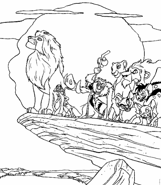 The Lion King coloring page pictures of all the characters gathering for a happy Disney ending!
