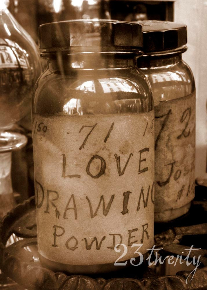 Love Drawing Powder, apothecary tin in sepia photography, 5x7, New Orleans Pharmacy Museum, French Quarter - 23twenty
