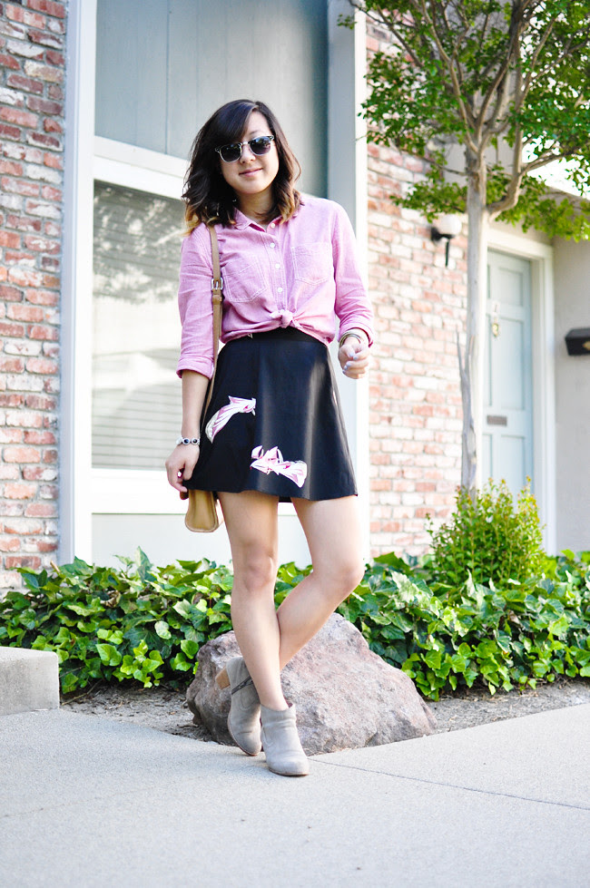 cropped button up {Urban Outfitters}, black floral skirt {Urban Outfitters}, Dolce Vita Jamisons, vintage Coach satchel, Sunnies {Charlotte Russe}, vintage watch, assorted bracelets {F21 & Korea}