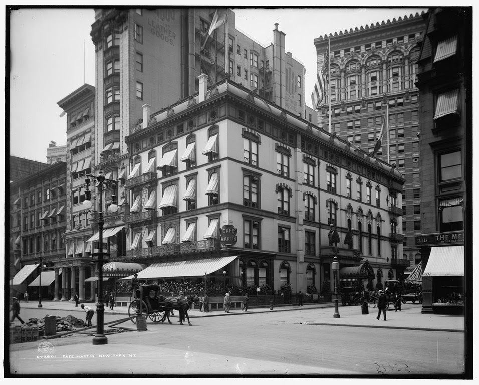 Here's another photograph of the Cafe Martin in 1908 -- but this time it has a new neighbor to the left: The Cross Building at 210 Fifth Avenue. The Lincoln Trust Building where Town Topics had presided is at the far left.