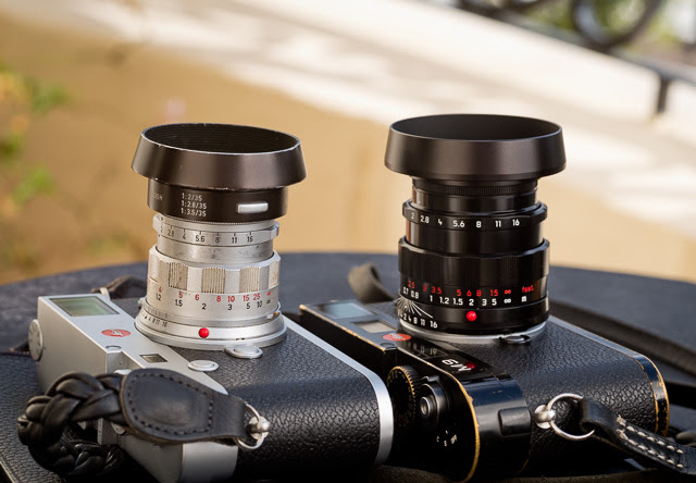 So much to love: Two extremes that are in family and have many of the same qualities. The $400 - $1,800 50mm "Rigid" from 1956-68 (left), and "The Worlds Best 50mm Lens" from 2013, the APO-Summicron (right) in a limited "LHSA" edition for $9.595.