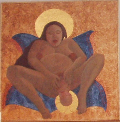 ID: against a reddish-orange background and on a blue rug, Mary, identifiable by a halo, dark skin, and darker hair is naked with legs open as Jesus, identifiable by halo with a cross in it and dark skin crowns, head visible emerging from Mary's vagina as Mary puts hands out to catch the newborn.