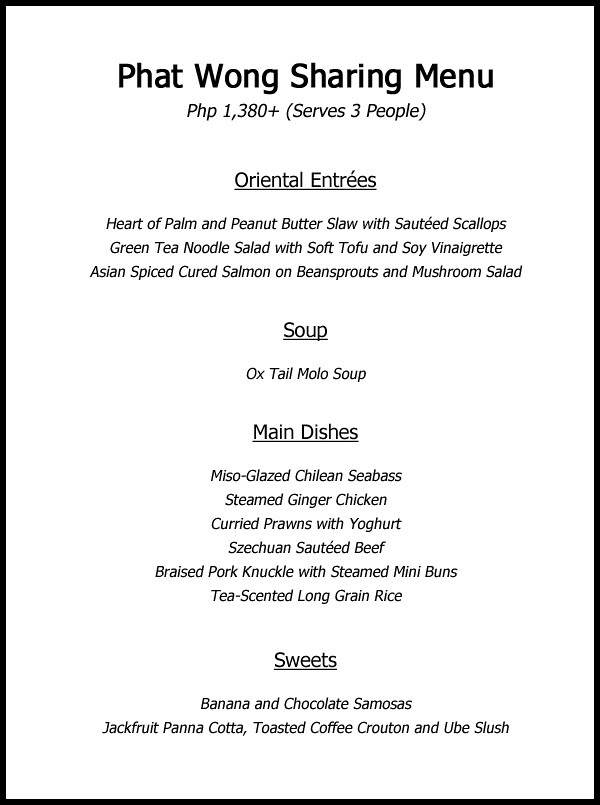 Phat Wong Asian Cafe Sharing Menu
