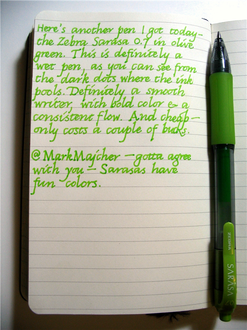 Here’s another pen I got today—the Zebra Sarasa 0.7 in olive green.