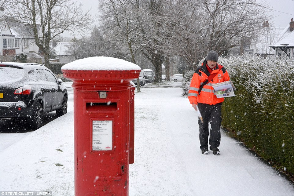 Job commitment: A postman makes his morning rounds in Surrey today where a layer of snow has settled on the ground