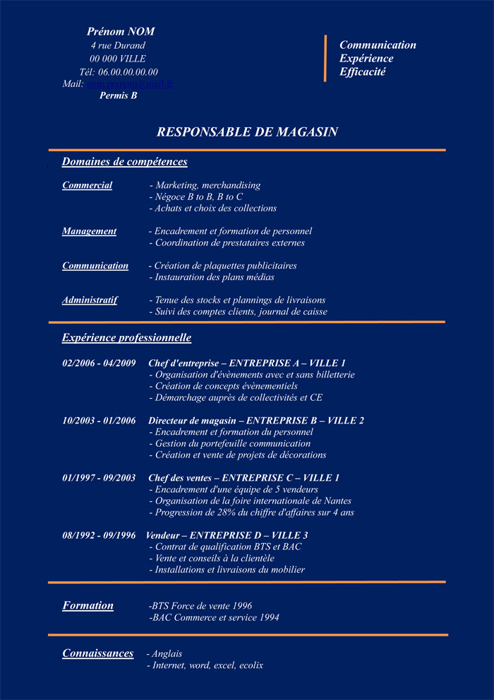 example resume  exemple cv responsable magasin