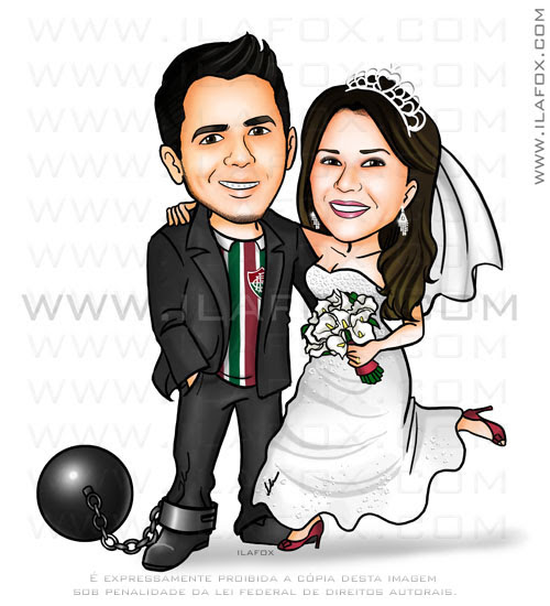 caricatura colorida, noivos, casal, noivinhos, noivo com camisa do Fluminense, noivo amarrado com bola de ferro, caricatura para casamento, by ila fox