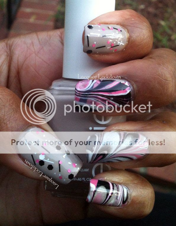 Lacquer Lockdown - trigger finger accent, trigger finger mani, nostalgic lacquer As If!, nostalgic lacquer, Essie Yogaga, water marble nails, matte glitter, indie polish, water marble, nail art