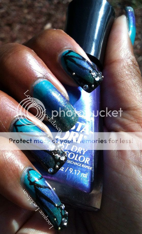 Lacquer Lockdown - Vivid Lacquer Stamping Plate V002, butterfly, butterflies, rhinestones, nail art, duochrome, OPI Number One Nemesis, microbeads, stamping, konad, indie polish, tutorial