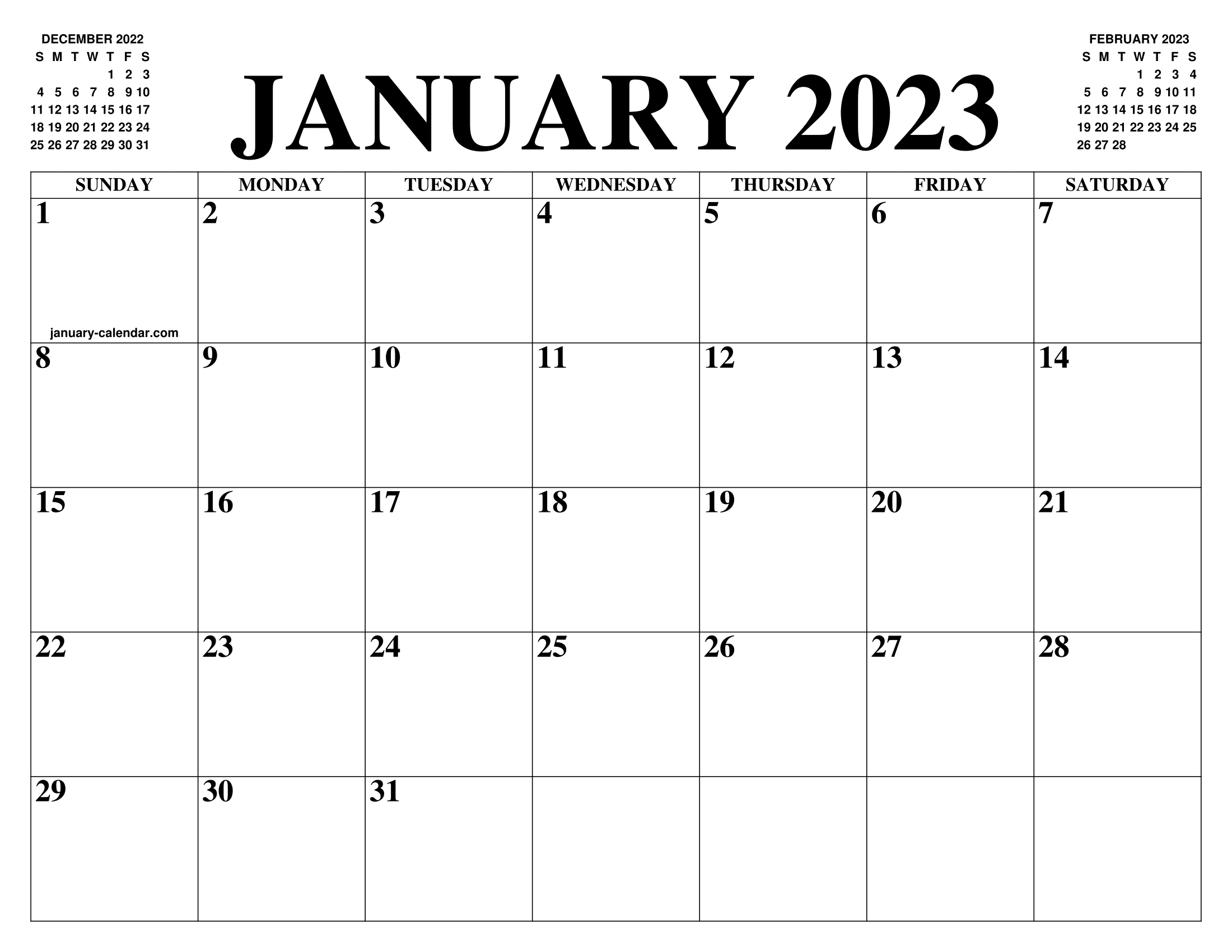 Monthly Calendar Free December 2022 To January 2023 Calendar 2022