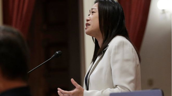 Sen. Janet Nguyen speaks before being removed from the senate floor in California