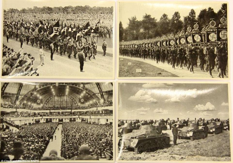 The collection features pictures of the German army (top and bottom right), who were required to swear an oath of allegiance to Hitler personally, and also mass rallies involving troops from the Sturmabteilung (SA) paramilitary, which were regularly attended by tens of thousands of spectators