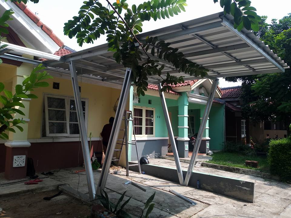 Kanopi baja ringan keren model tiang V atap spandeck Kanopi baja ringan keren model tiang V atap spandeck