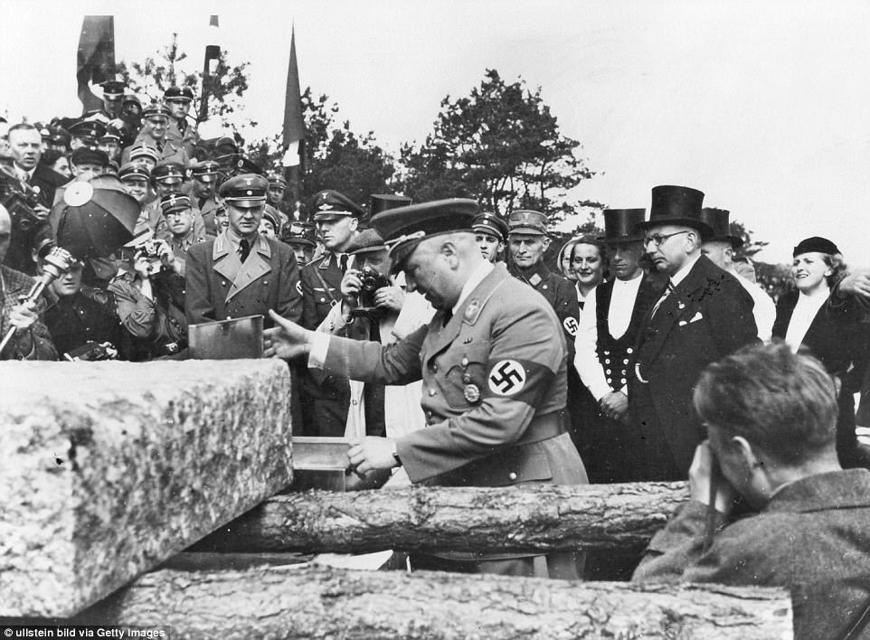 Senior Nazi Robert Ley laying the foundation stone at Hitler's 'dream resort'. The original plans has a festival hall that could accommodate 20,000 people