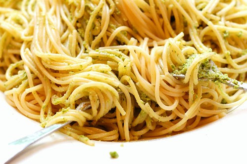 Pasta with garlic scape pesto by Eve Fox, Garden of Eating blog, copyright 2012