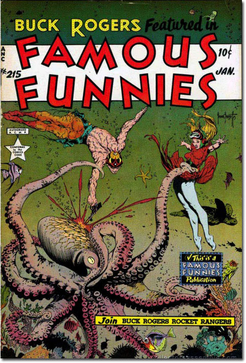 I believe that's a squid rather than an octopus, but HOLY COW FRANK FRAZETTA MONSTER. (Famous Funnies #215)