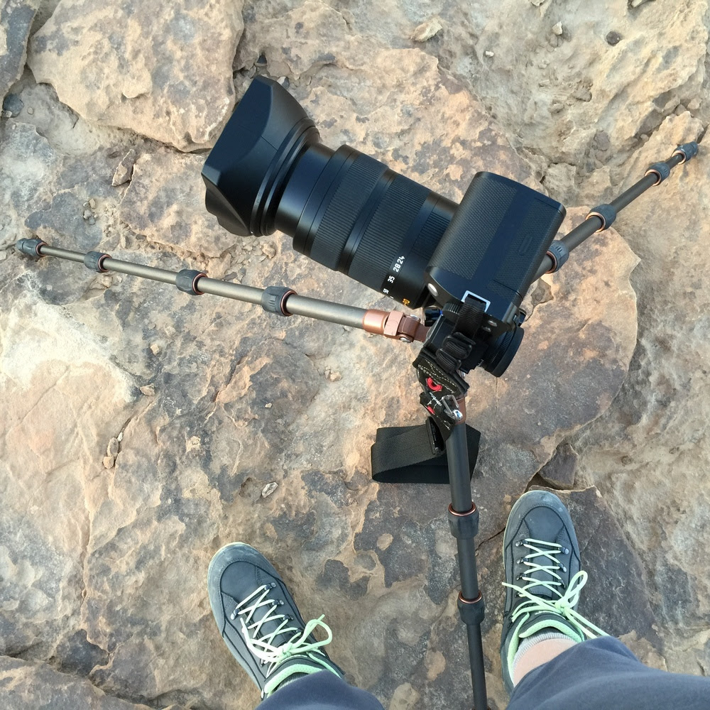 The Leica SL with the Leica 24-90mm lens on a 3 Legged Things tripod in Jordan. This setup was for a panorama shot of the sun setting over the Wadi Rum desert.