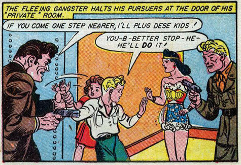 Meanwhile, Wonder Woman requests that he please talk to the hand. Sensation Comics #38