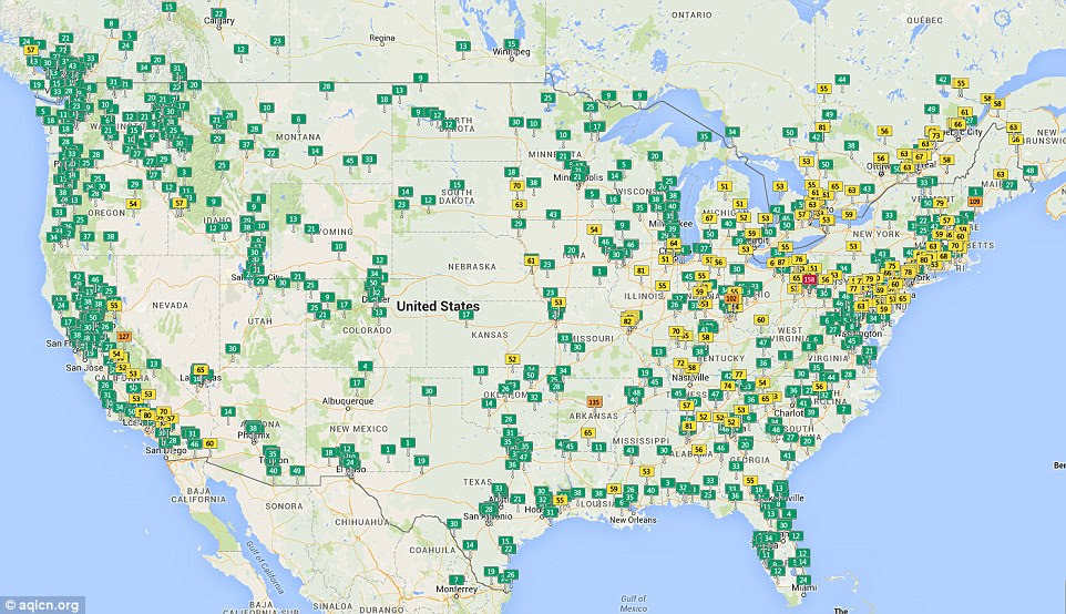 The maps use real-time data supplied by 8,028 official monitoring stations from 68 countries around the world to produce maps that reveal the pollution levels at any given time in cities across the United States (shown above) and other industrialised nations